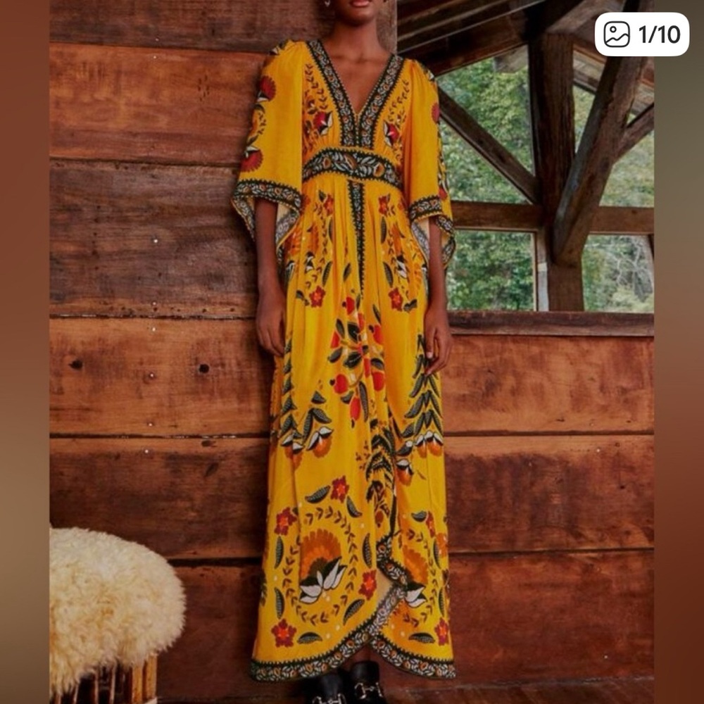 NWT FARM Rio Tropical Tapestry Yellow Kaftan Dress